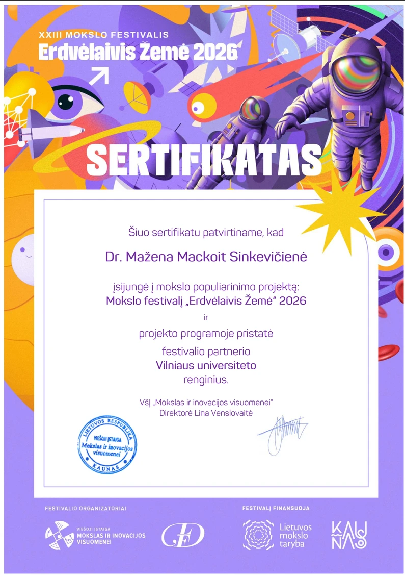 Certificate of the science festival "Erdvėlaivis Žemė 2026" confirming that Dr Mažena Mackoit-Sinkevičienė presented Vilnius University events in the festival programme