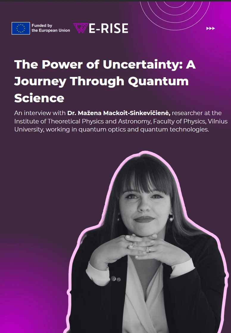 Interview cover: the title "The Power of Uncertainty: A Journey Through Quantum Science", the European Union and WE-RISE logos, and my black-and-white photo on a purple background
