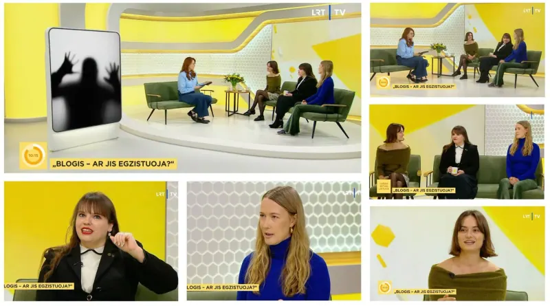 Laidos kadrų koliažas: pokalbis studijoje, užrašas „Blogis – ar jis egzistuoja?“ ir kiekviena iš mūsų kalbanti stambiu planu