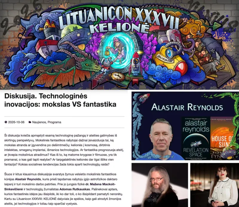 Lituanicon XXXVII: KELIONĖ poster and the description of the discussion "Technological Innovation: Science VS Fiction" with photos of Alastair Reynolds, Adomas Rutkauskas and Mažena Mackoit-Sinkevičienė