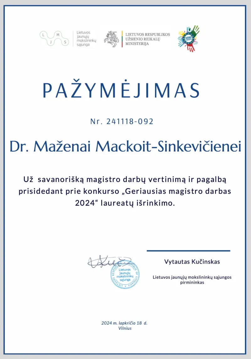 Pažymėjimas: konkurso „Geriausias magistro darbas 2024“ komisijos narė