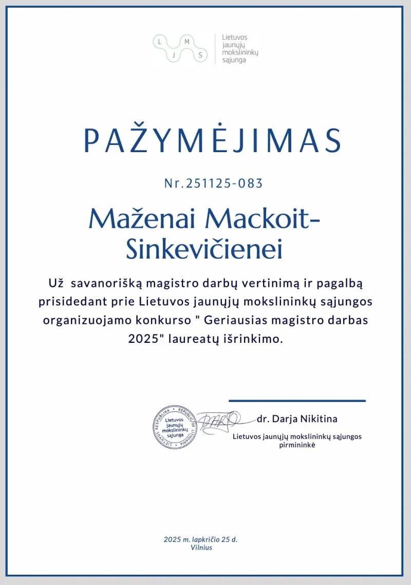 Pažymėjimas: konkurso „Geriausias magistro darbas 2025“ komisijos narė