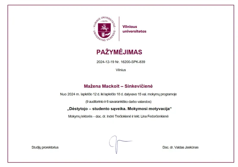 Pažymėjimas: „Dėstytojo–studento sąveika. Mokymosi motyvacija“, 2024 m.