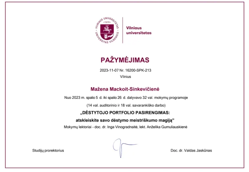 Pažymėjimas: „Dėstytojo portfolio pasirengimas“, 2023 m.